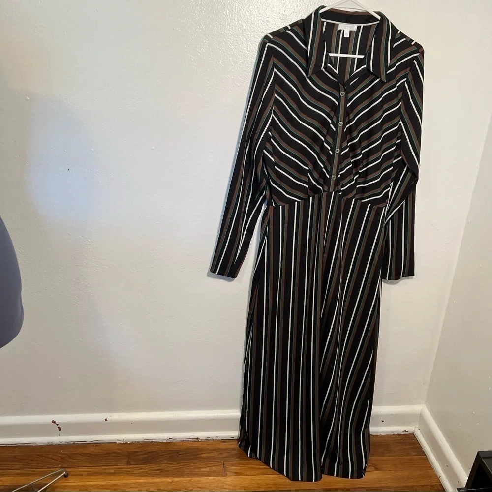 Abound Women's Size Large Button Front Maxi Dress Black Brown Spice Stripes Long